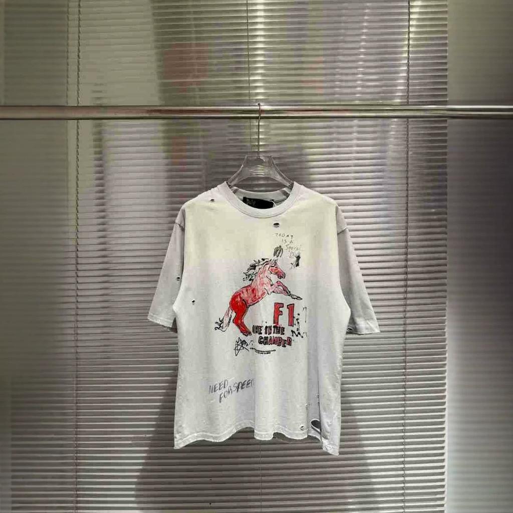 Cross-border beauty tide Paly Hollywood red horse F1 printing old damage heavy cotton short-sleeved T-shirt tide