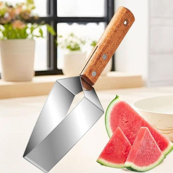 Triangle Watermelon Cutter, Stainless Steel Watermelon Slicer Cutter Tool with Wooden Handle And Blade Cover, Home Kitchen Gadget