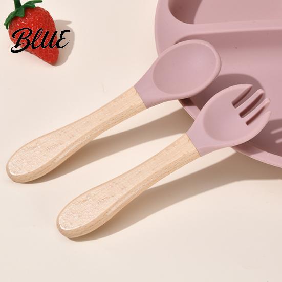 Kids Independent Eating Set Baby Led Weaning Spoon And Fork Set Soft Silicone Utensils Beech Wood Handle with Wooden Handles Toddler Self-Feeding