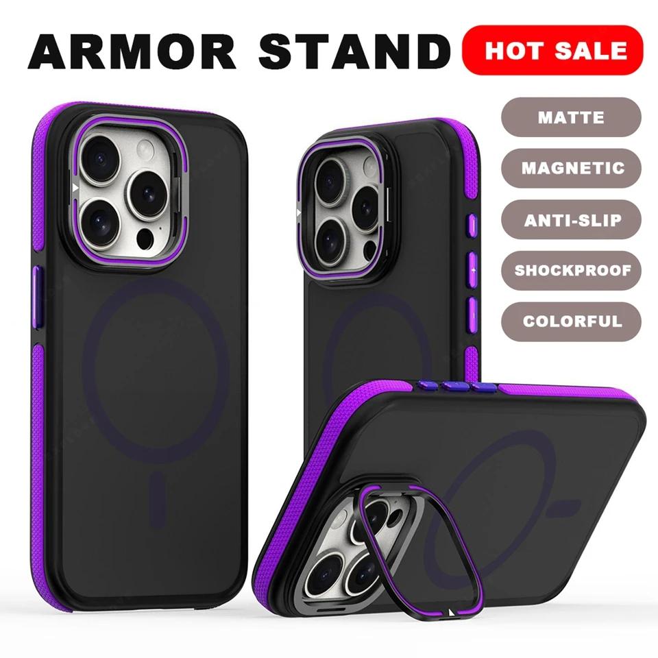 Bicolor Magnetic Camera Lens Stand Phone Case For iPhone 15 14 16 Plus 11 12 13 16 Pro Max Matte Magsafe Protector Hard Cover