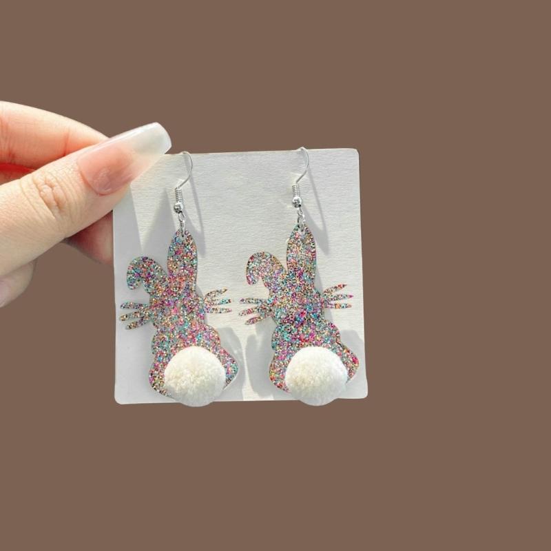 Acrylic Rabbit Plush Ball Drop Earrings Colorful Sequins Charm Earrings Jewelry
