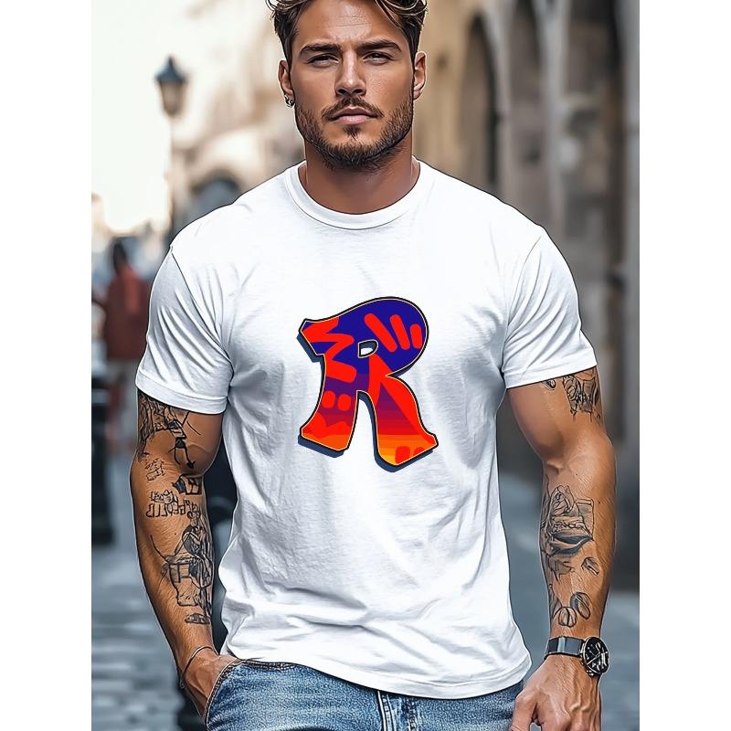 European Size Men's T-Shirt, Simple and Clean, Minimalist and Stylish, Men's Colorful Pattern Letter R Summer Casual Crew Neck Short Sleeve T-Shirt