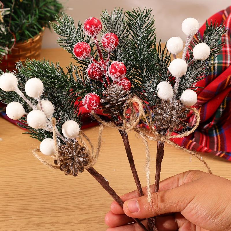 Wholesale Snowflake Pine Cone Berry Branch Christmas Artificial Red Berry Pine Needle DIY Wreath Fake Flowers Home Party Decor