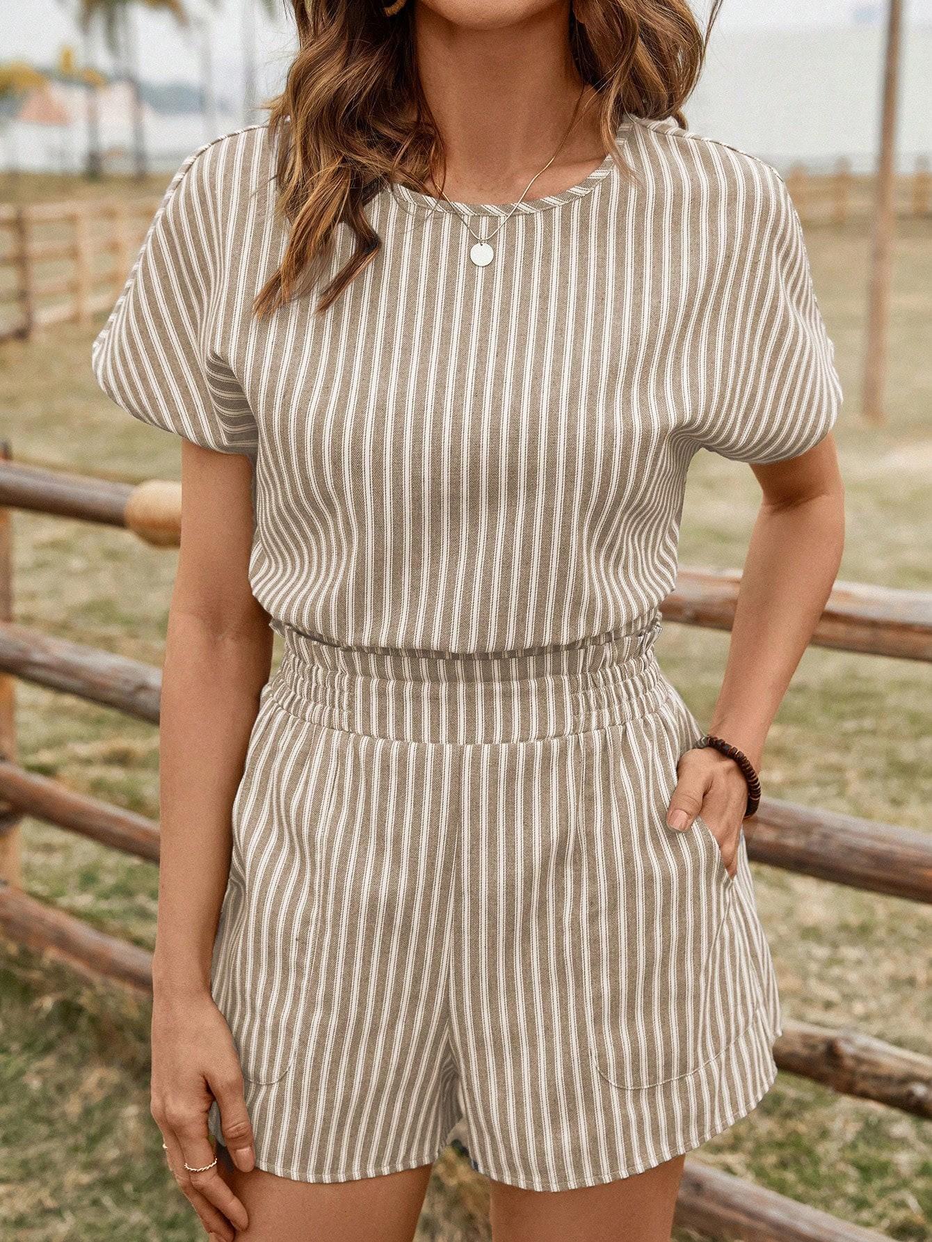 2026 Summer Women s Retro Striped Set: Short Sleeve Top & High Waist Shorts S