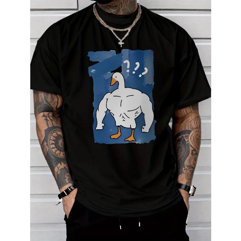 Men'S Casual Fashion Short Sleeve T-Shirt with Muscle Duck Graphic Print,Regular Fit Round Neck, Stretchy Summer Tee for Casual Attire