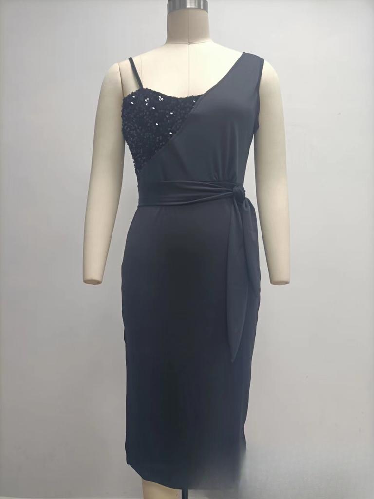 One Shoulder Beads Bodycon Dresses Split Skirt  Belt Cocktail Dresse Girl  Evening DressesF