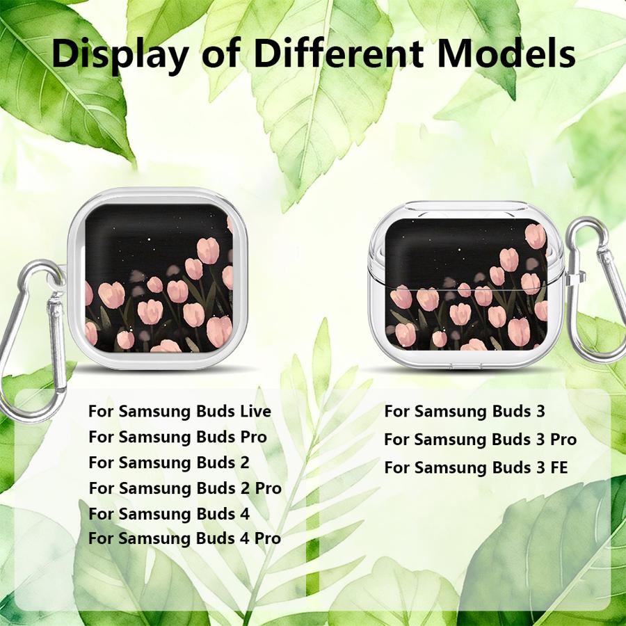 Clear Earphone Cases Cover With Hook Case For Samsung Galaxy Buds 2 3 FE 4Pro 2Pro Live 3Pro 4 Pro Cartoon Tulip