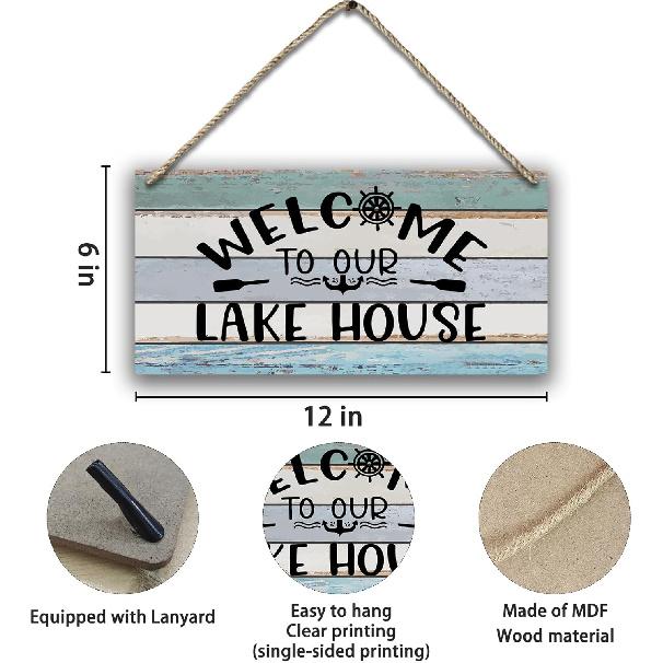 Welcome To Our Lake House Farmhouse Printed Wood Plaque Sign Wall Hanging,Rustic Hanging Wall Signs for Lake House Summer Home Decor 12 X 6 Inches