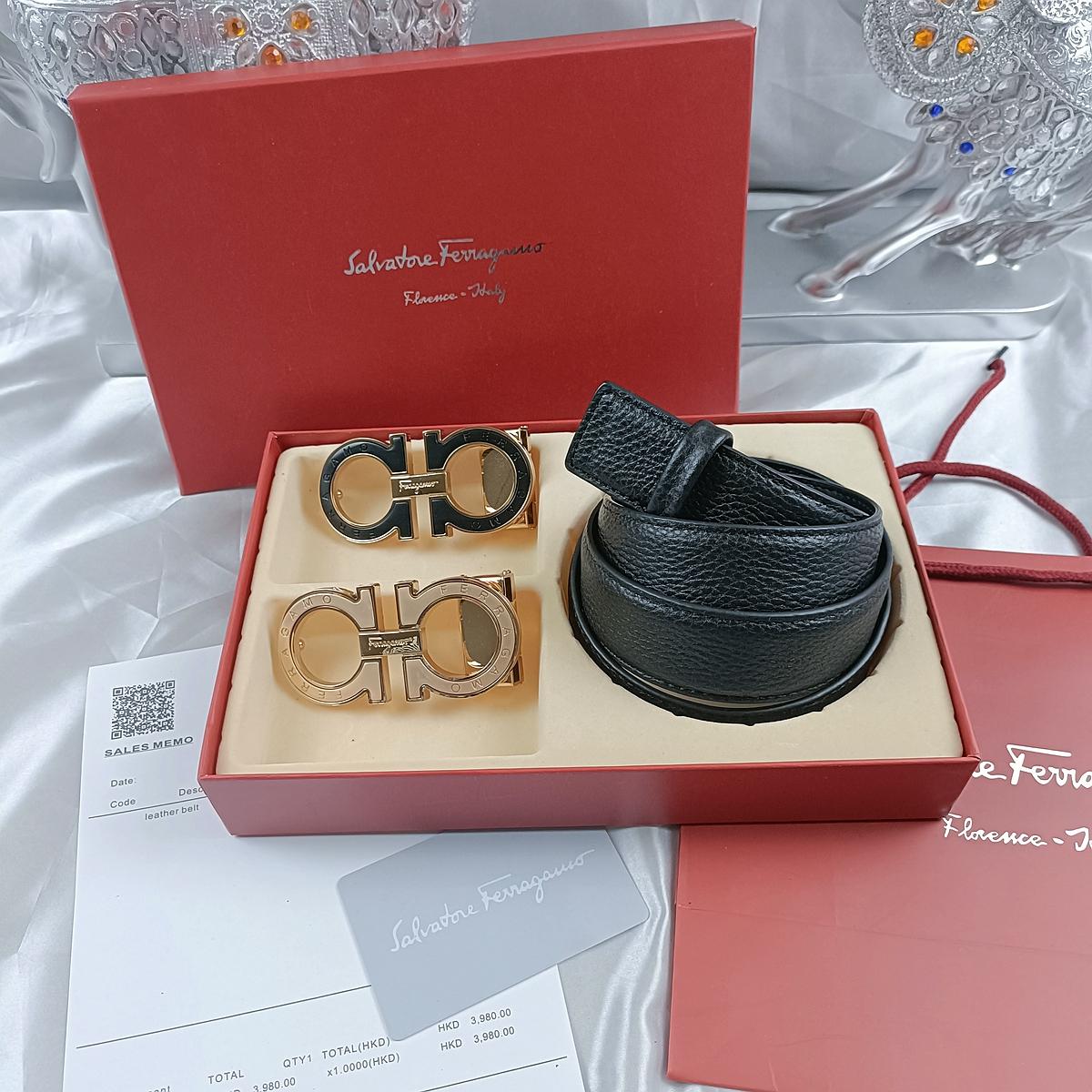 

Salvatore Ferragamo 3.5cm Men s Belt Luxury Brand Designer Belt Double Buckle Buckle One Belt Gift Box Classic lychee pattern 125cm