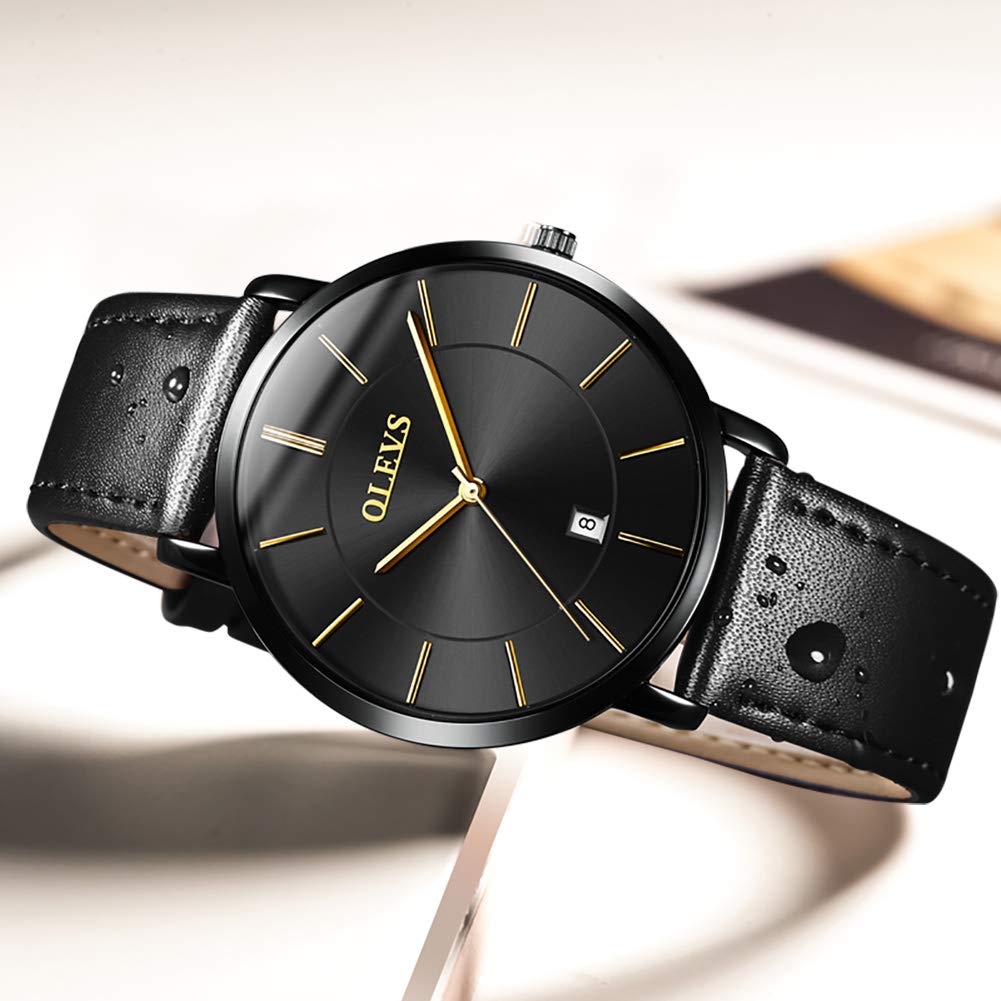 OLEVS Men's Watch 40mm Slim Case Date Display 30m Water Resistant Leather-Style Band Business Casual Multi-Color Options Lightweight 35g Fashion Watch