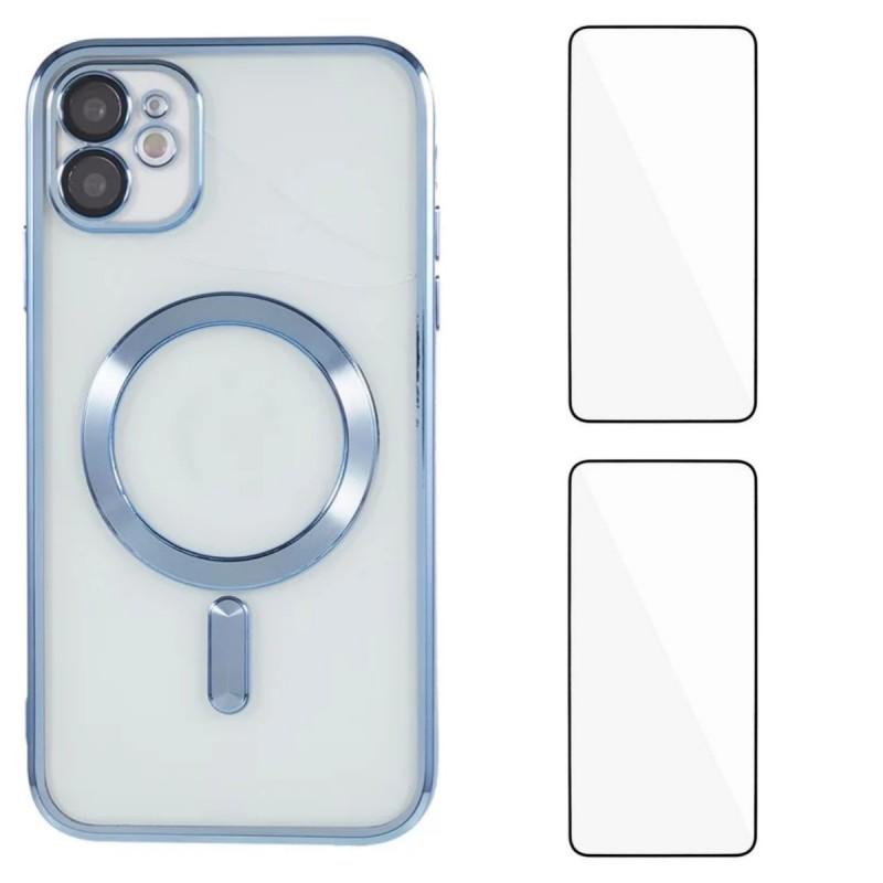 

For iPhone 12 6.1 inch Magnetic Case WANLONFENG Electroplated TPU Cover with Lens Film+2Pcs Tempered Glass Blue