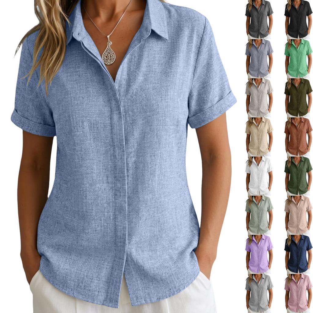 Women Short Sleeve Button Down Shirt Collared Casual Loose Fit Imitation Linen Blouse Lightweight Summer Top for Daily Wear