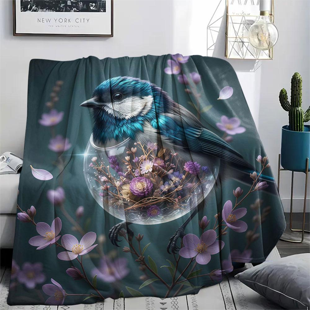1Pc Glass Bird Print Flannel Blanket, High Quality Comfortable for All Seasons, Home Decor, Warmth and Comfort, Perfect for Christmas Gifts