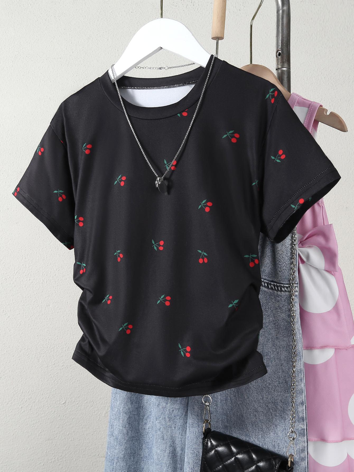 Girls  Summer T-Shirt: Single Piece — Korean-Style  Sweet & Spicy  Vibe, Adorned with Cute Cherries, Waist-Cinching, Ruched, Crew Neck Top 8Y чёрный