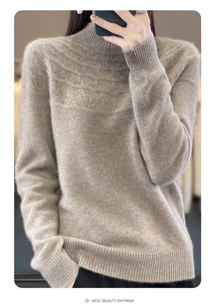 Autumn/Winter Women's Knitwear: Hollow Out Half-High Neck Long Sleeve Loose Slimming Pullover Sweater.