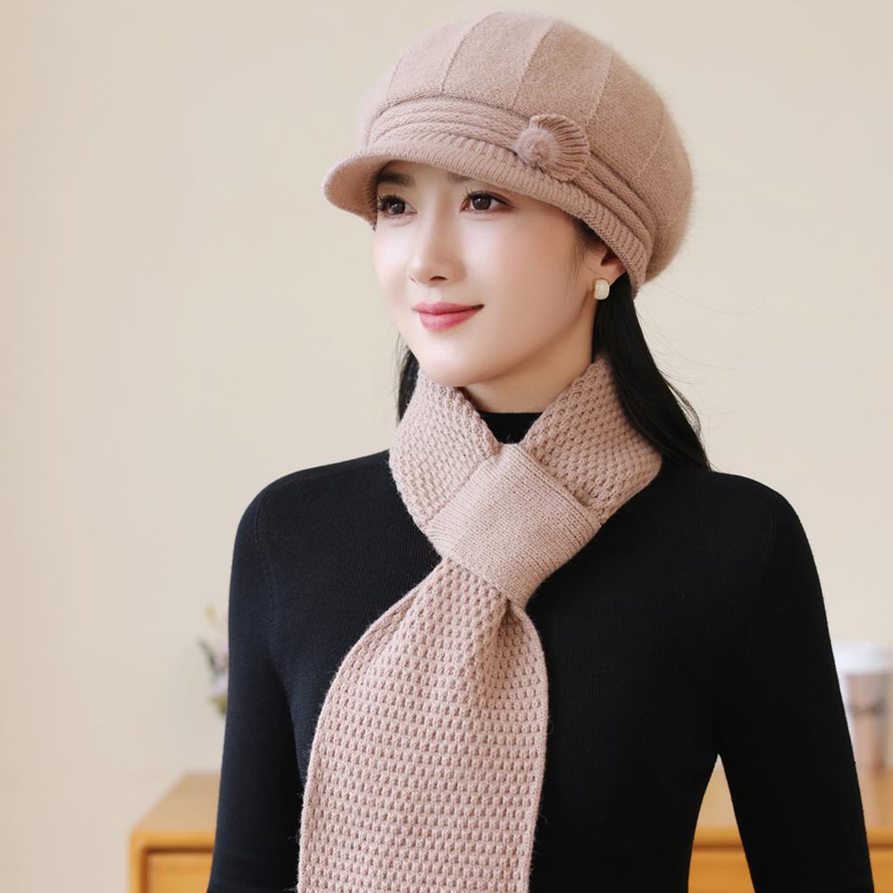New Women Fashion Winter Warm Suit Female Dandy Hats For Women Casual Rabbit Fur Blend Knit Hat Winter Warm Cap Set