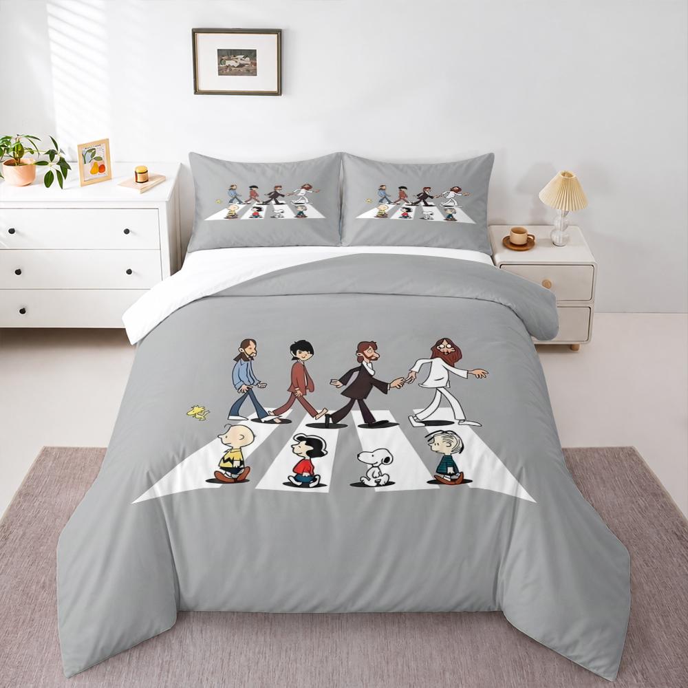 3 Piece Bedding Set Peanuts Snoopy Charlie Brown Abbey Road Beatles Parody Print Duvet Cover for Adult Fan Gift