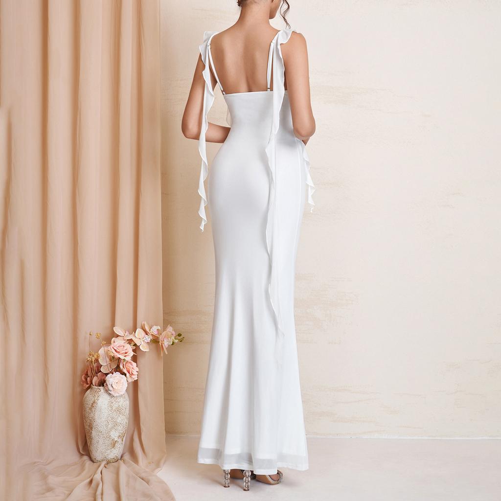 Summer New Mesh Suspender Dress, European and American Sexy Backless Square Neck Pleated Streamer Waist and Thin Dress