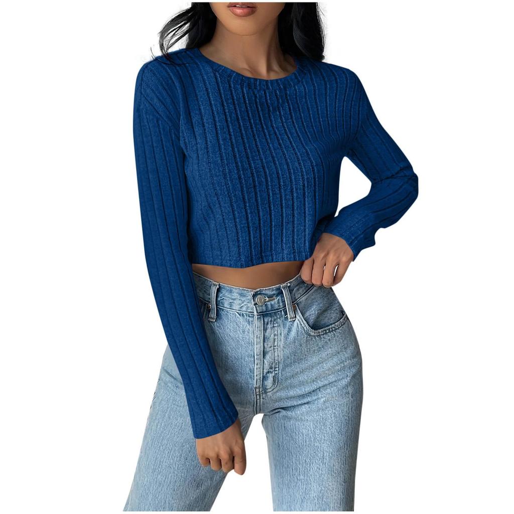 Women's Fashionable Solid Color Round Neck Long Sleeved Casual T-shirt Casual Top