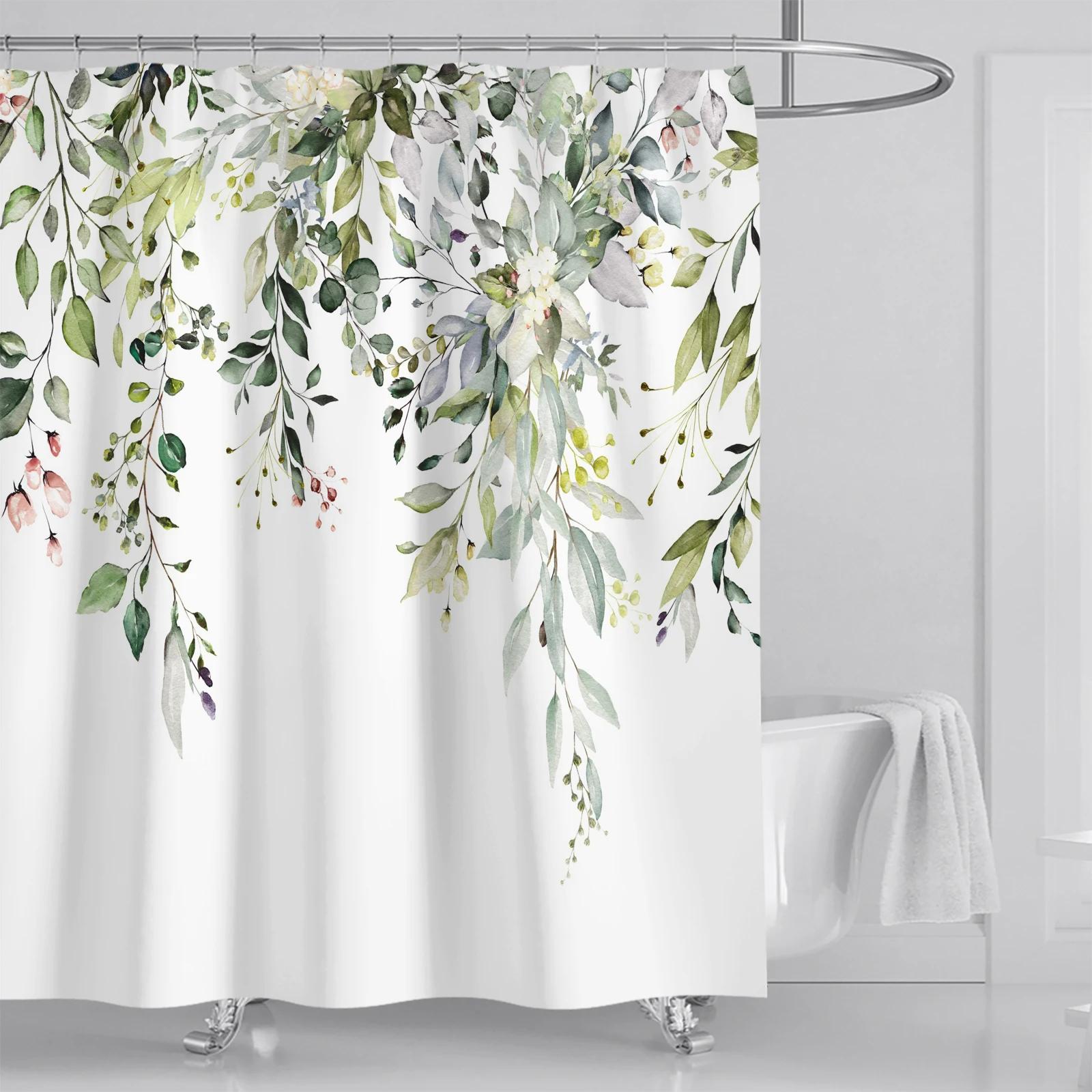 

VIKAMA1 piece small fresh eucalyptus leaves digitally printed bathroom shower curtain set perforated strap hook easy to clean 90X180C(3X5.9FT)