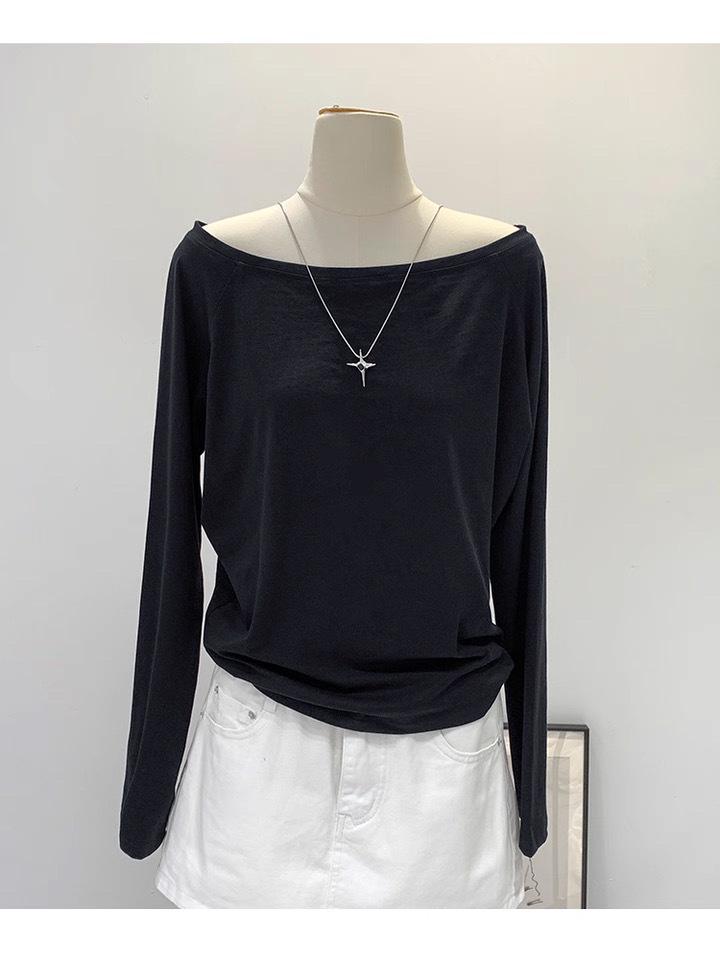 Women s Off-Shoulder Black Cotton Long-Sleeve Top - 2025 Spring/Autumn/Winter Collection S чёрный