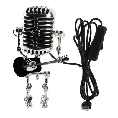 Lampa Stołowa Mikrofon Gitarowy Robot Vintage USB Metalowy Aluminiowy Retro Mikrofon Robot Lampka Nocna
