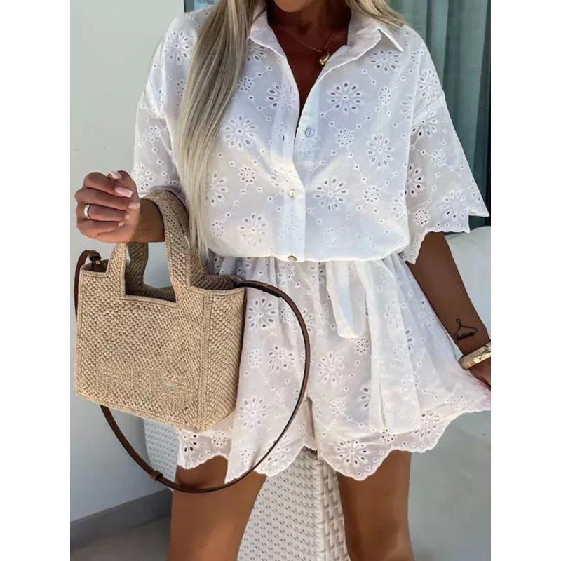 Embroidered Lace Shirt Romper Fashion Embroider Lace Shirt Jumpsuit Suit