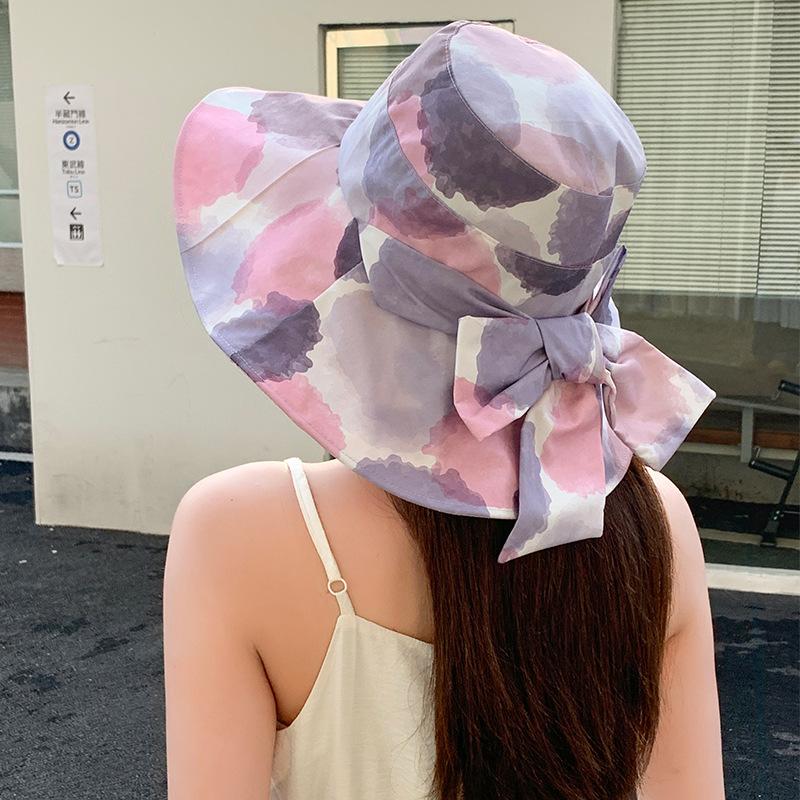 

Beach seaside bow fisherman hat summer 2025 fashion big eaves sun hat national style splashing ink 55-59cm