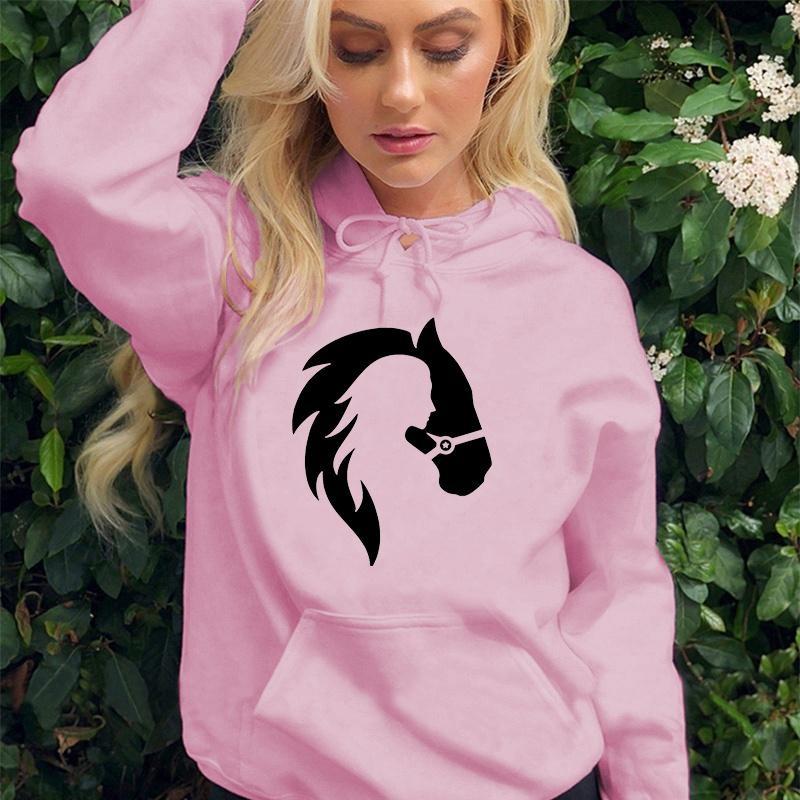 Horse Printing Hoodies Hooded Top Women Sweatshirt Long-sleeved Autumn Hooded Streetwear