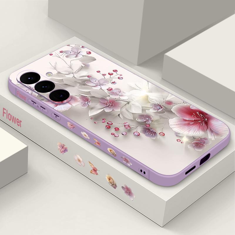 Soft TPU Case For Samsung Galaxy S25 S24 S21 FE S24 S22 S23 Ultra S22 Plus S25 Edge Pink Flowers Patterned Lanyard Phone Cover