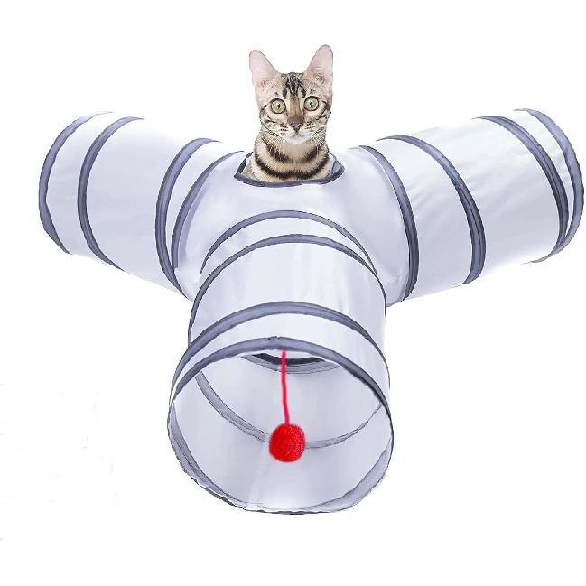 Cat Tunnel, Collapsible Tube with 1 Play Ball Toys, 3 Ways Tunnels for Indoor Cats, Puppy, Kitty, Kitten, Rabbit (White and Gray)