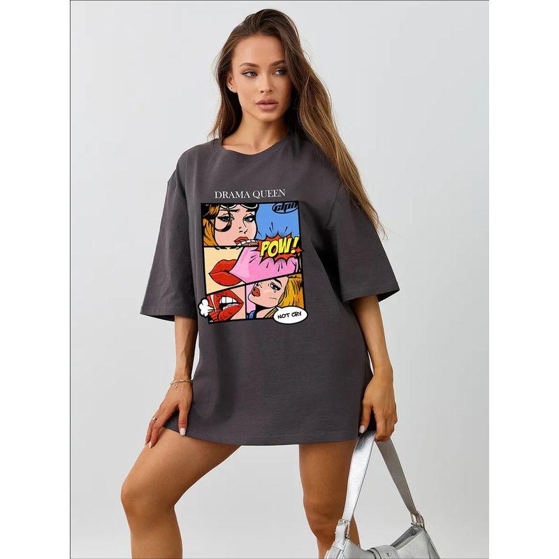 Western Style New Fashion Casual Loose round Neck Print Cotton T-shirt Top Loose Printed T-shirt