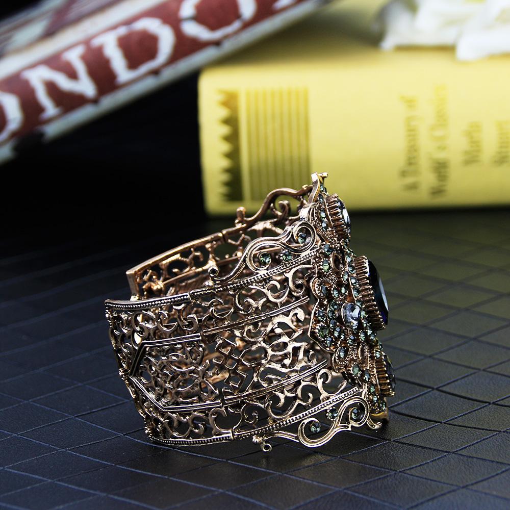 Sunspicems Vintage Turkey Bangle Bracelet Big Women Cuff Bracelet Retro Gold Color Gray Crystal Bohemia Wedding Jewelry Gift