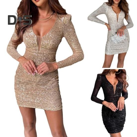 Dámské klubové šaty s výstřihem do V, flitry s dlouhým rukávem, s vysokou elasticitou, pouzdrové šaty, síťovaný patchwork