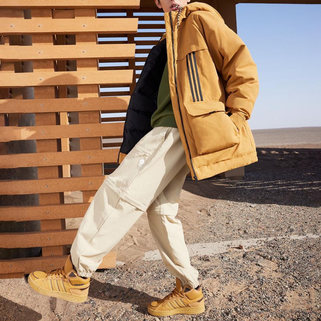 Adidas Neo Jednobarevná s logem a třemi pruhy Pánská/Dámská prošívaná péřová bunda s kapucí Hnědá HN4761