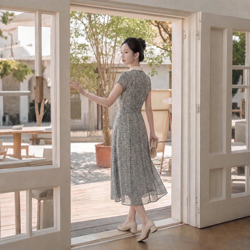 Qianbainian Women's Floral Print Lapel Chiffon Midi Dress