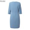 ZANZEA Women Casual Round Neck Solid Color 3/4 Sleeve Sheath Dress