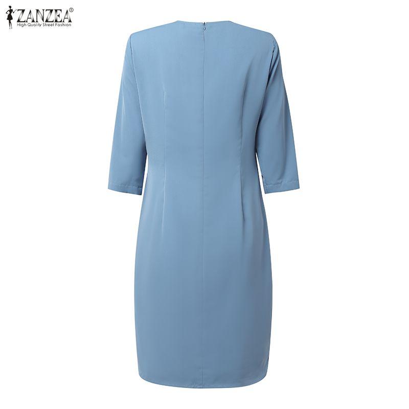 ZANZEA Women Casual Round Neck Solid Color 3/4 Sleeve Sheath Dress