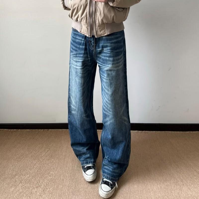Herren Vintage Gewaschene Blaue Jeans Gerader Schnitt Locker Bequem Lässige Hose