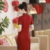 Elegant Red Brocade Qipao Dress Women Semi-High Neck Three-Quarter Sleeve Modern Chinese Style Formal Gown