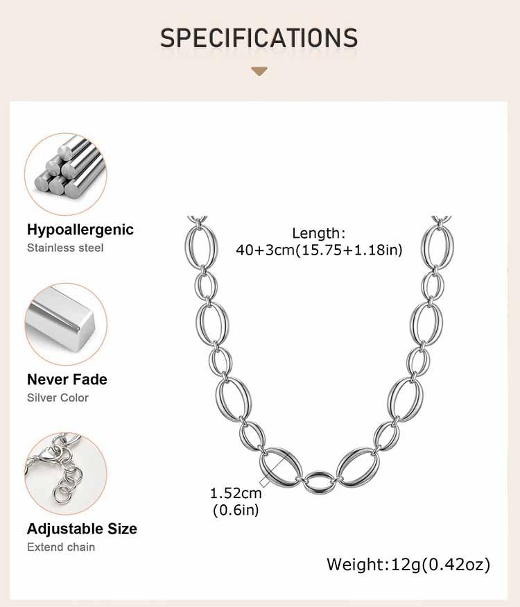 Minimalist Chain Necklace for Women, Chunky Oval Link Trendy Stainless Steel Waterproof Geometric Jewelry