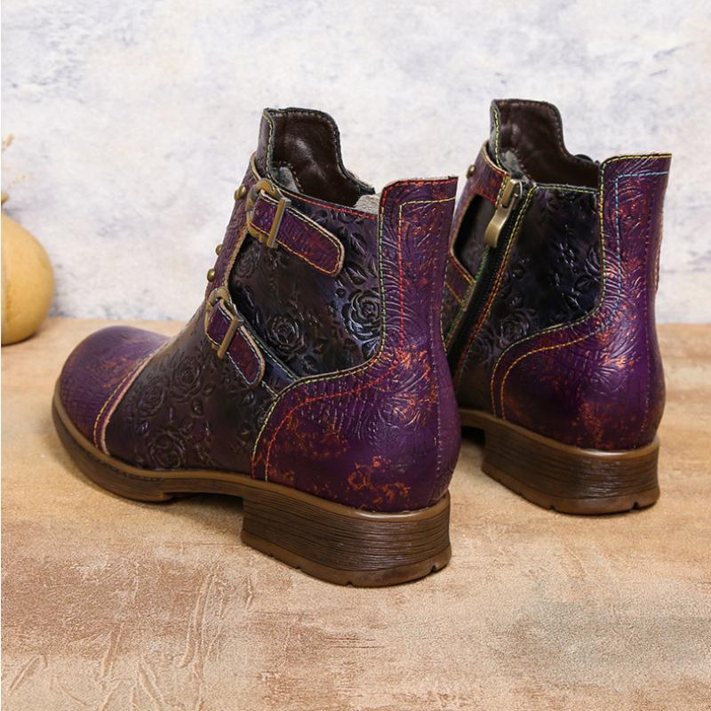 Johnature Buty damskie w stylu vintage, nitowane, ręcznie robione, z prawdziwej skóry, w stylu etnicznym, z klamrą do paska, z wytłoczonymi krótkimi butami