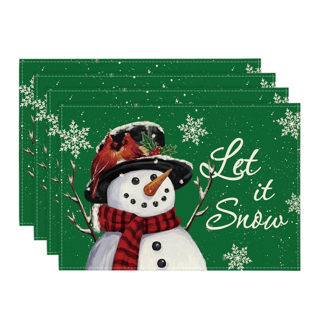 Red Snowman Let It Snow Winter Placemats Set of 4, 12x18 Inch Seasonal Christmas Holiday Table Mats for Party Kitchen Dining Decoration