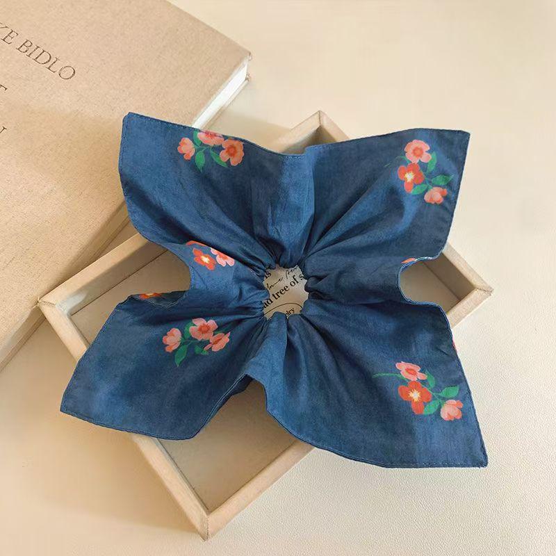 Korean Blue Floral Square Scarf Scrunchie Bun Hair Tie