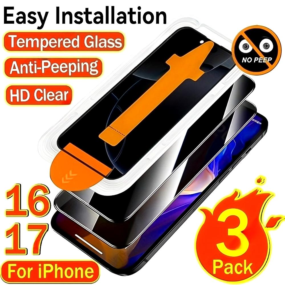 3Pcs Anti Spy Screen Protector for iPhone 17 16 15 14 Pro Max Air 17e 16e 15 14 Plus 13 12 11 Pro One Click Installation Glass