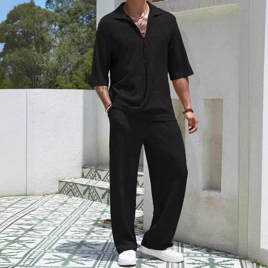 2024 Men's Casual Two-Piece Commuter Suit: Solid Short-Sleeve Shirt & Trousers