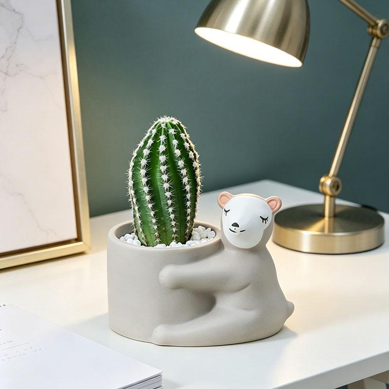 Cartoon Ceramic Planter Pot, Small Succulent Cactus Flowerpot, Cute Green Plant Desktop Decoration for Home