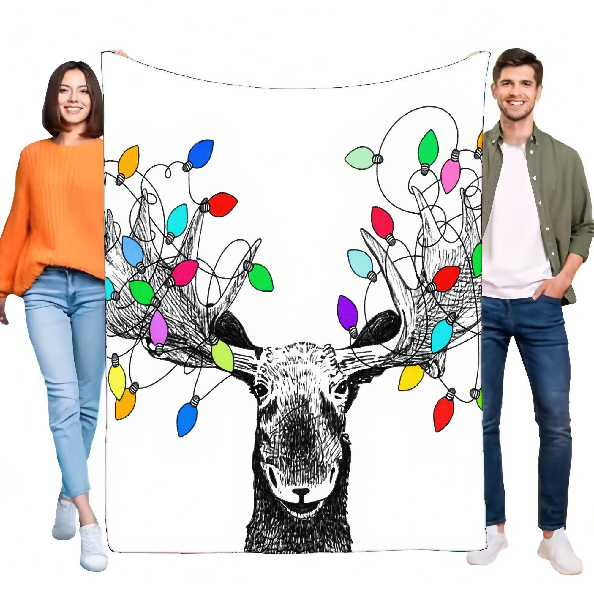 

Festive Moose Blanket Cozy Soft Throw with Colorful Christmas Lights Perfect for Home Decor or Unique Holiday Gift Lightweight a 75x90cm