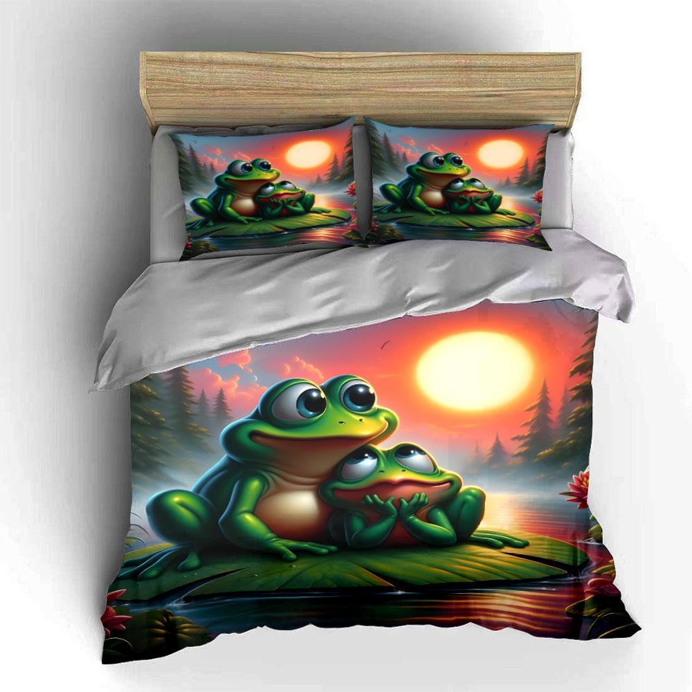 Frog Family Sunset Serenity Exquisite Three-Piece Bedding Set Gift For Kids And Adults