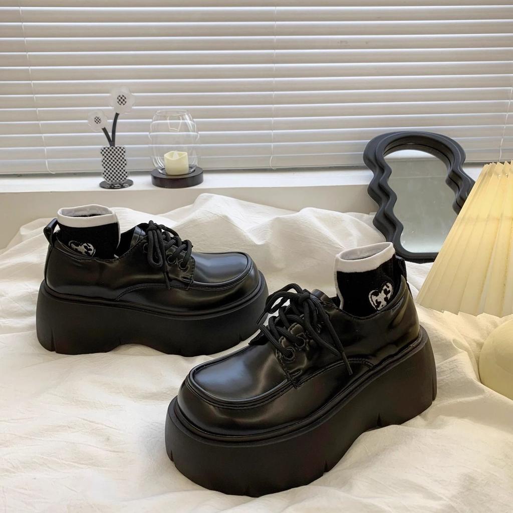 Black shorty Le small leather shoes women's autumn new retro platform muffin round head loafer single shoes